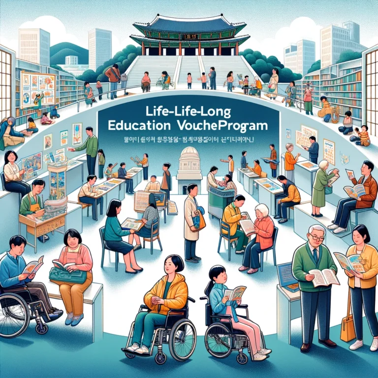 The image illustrating the concept of a Lifelong Education Voucher Program in South Korea has been created. It depicts a diverse group of people with disabilities engaging in various educational activities, emphasizing empowerment, inclusivity, and the opportunity for lifelong learning.